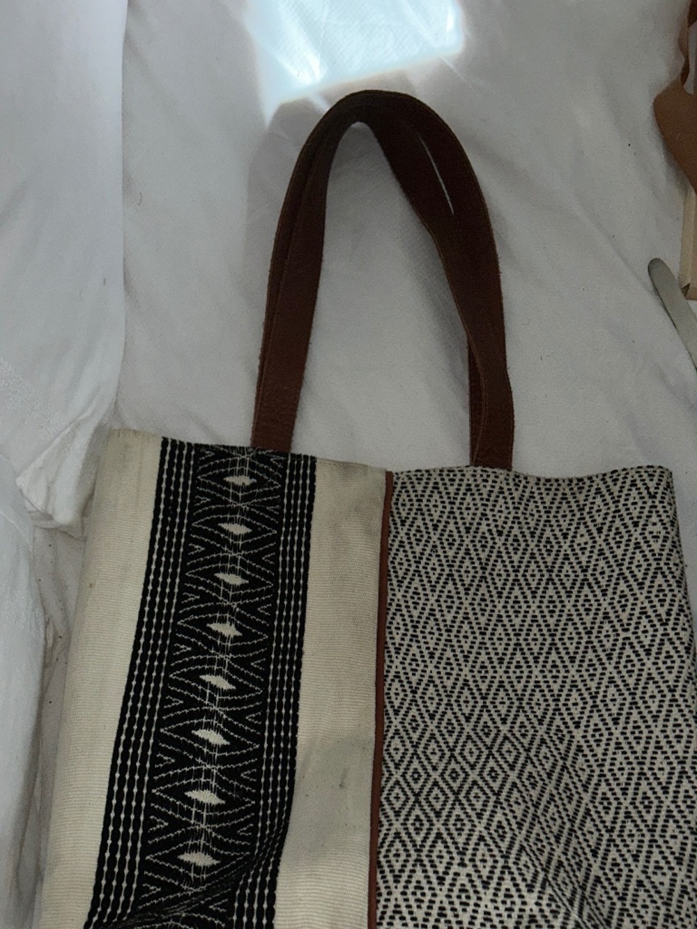 Mercado Global ivory black ethnic print leather handles tote bag